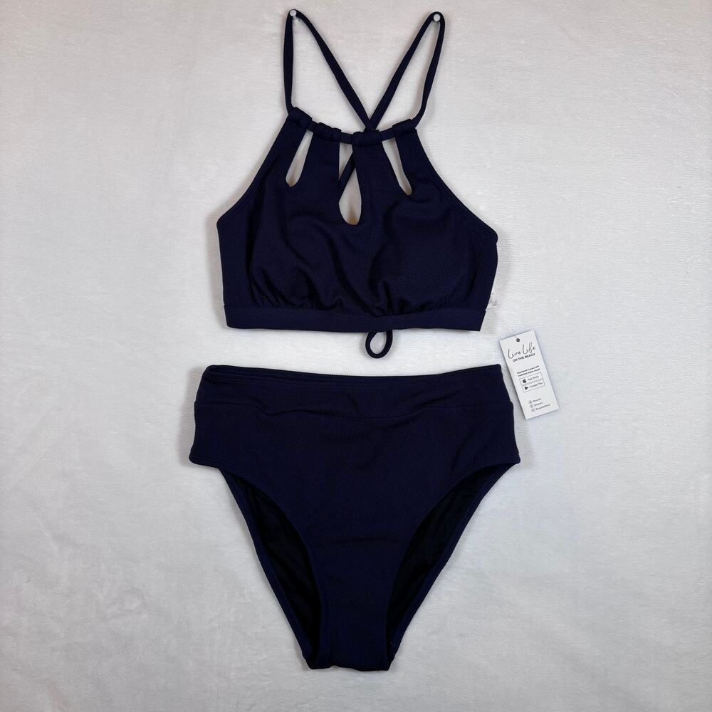 NWT Cupshe Navy Blue High Neck Bikini Set w/ Strappy Back & Keyhole Detail Sz XS